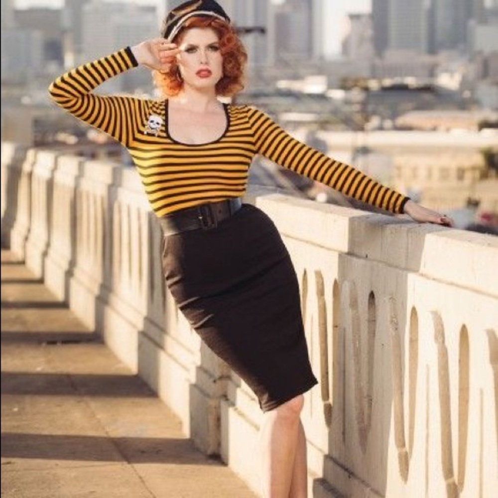 Deadly Dames by Micheline Pitt Hotrod Honey Striped Wiggle Dress, Size XL GUC